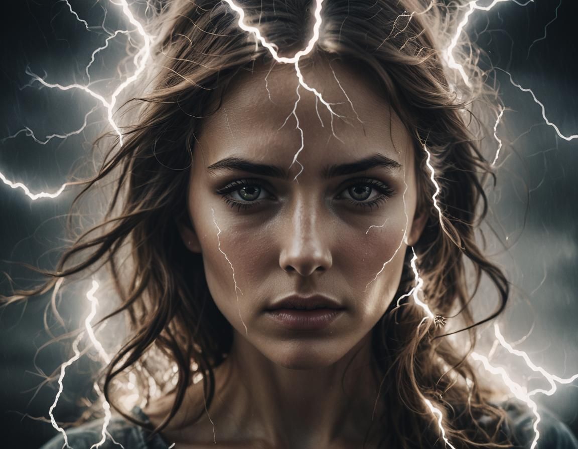 Lightning Woman Double Exposure Portrait in Cyberpunk Style