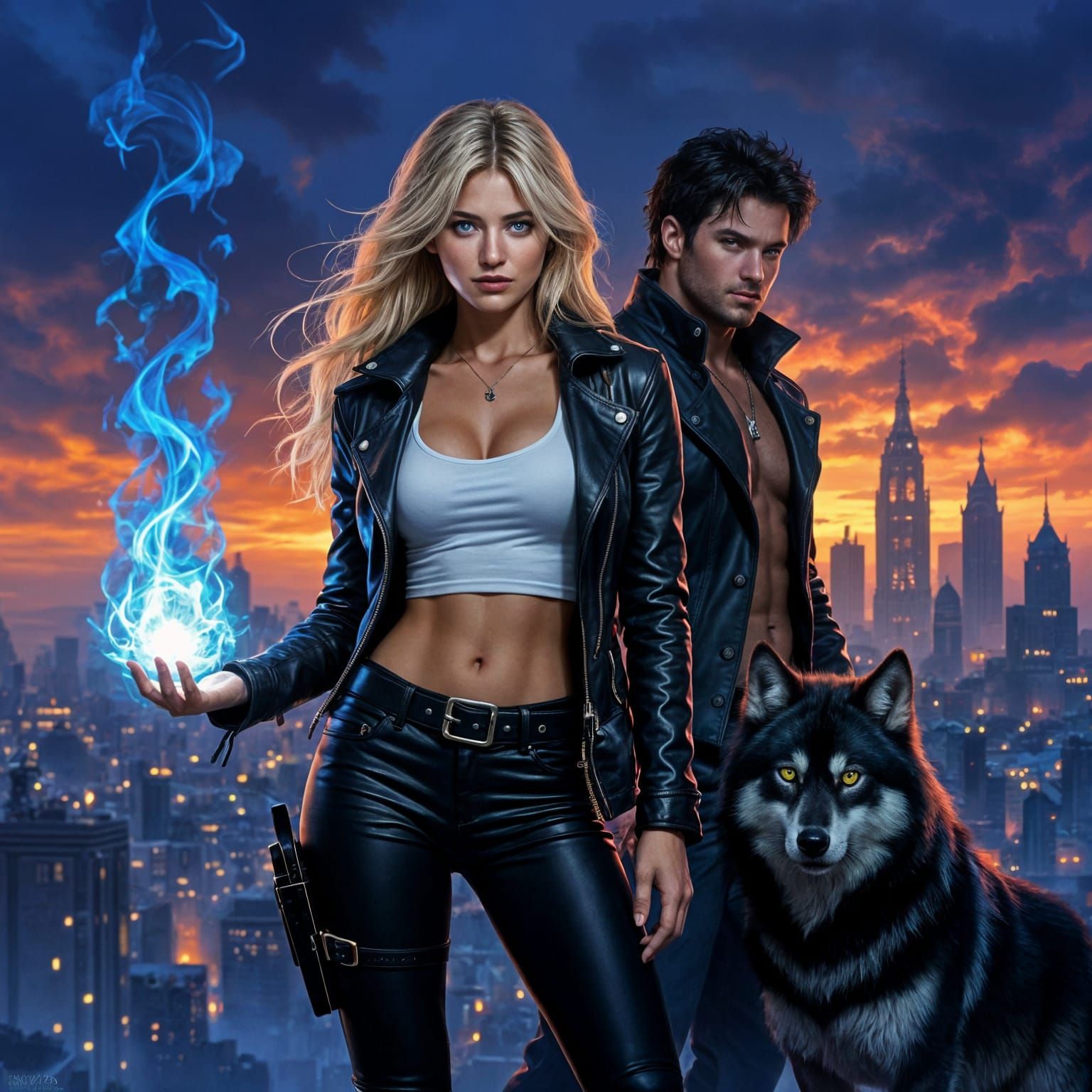 Fantasy Book Cover: Woman with Blue Fire and Man with Wolf