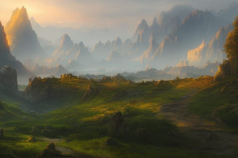 Futuristic Mountain City with Golden Cornfields, Digital Art