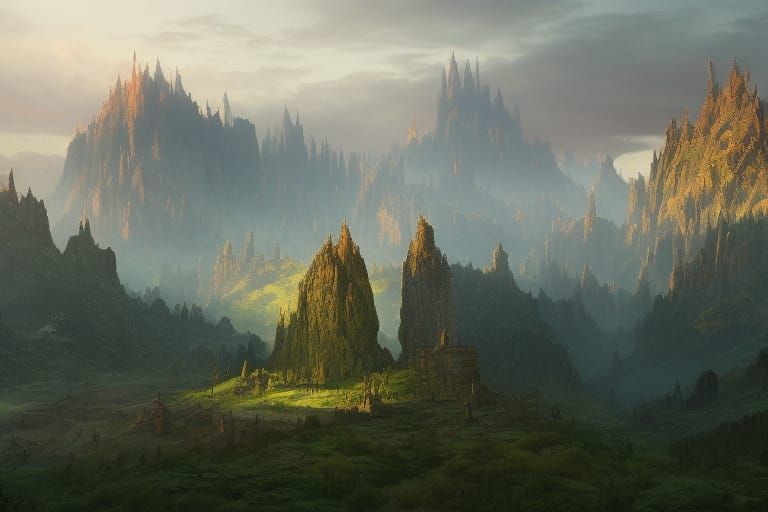 Futuristic Mountain City with Cornfields, Detailed Matte Pai...