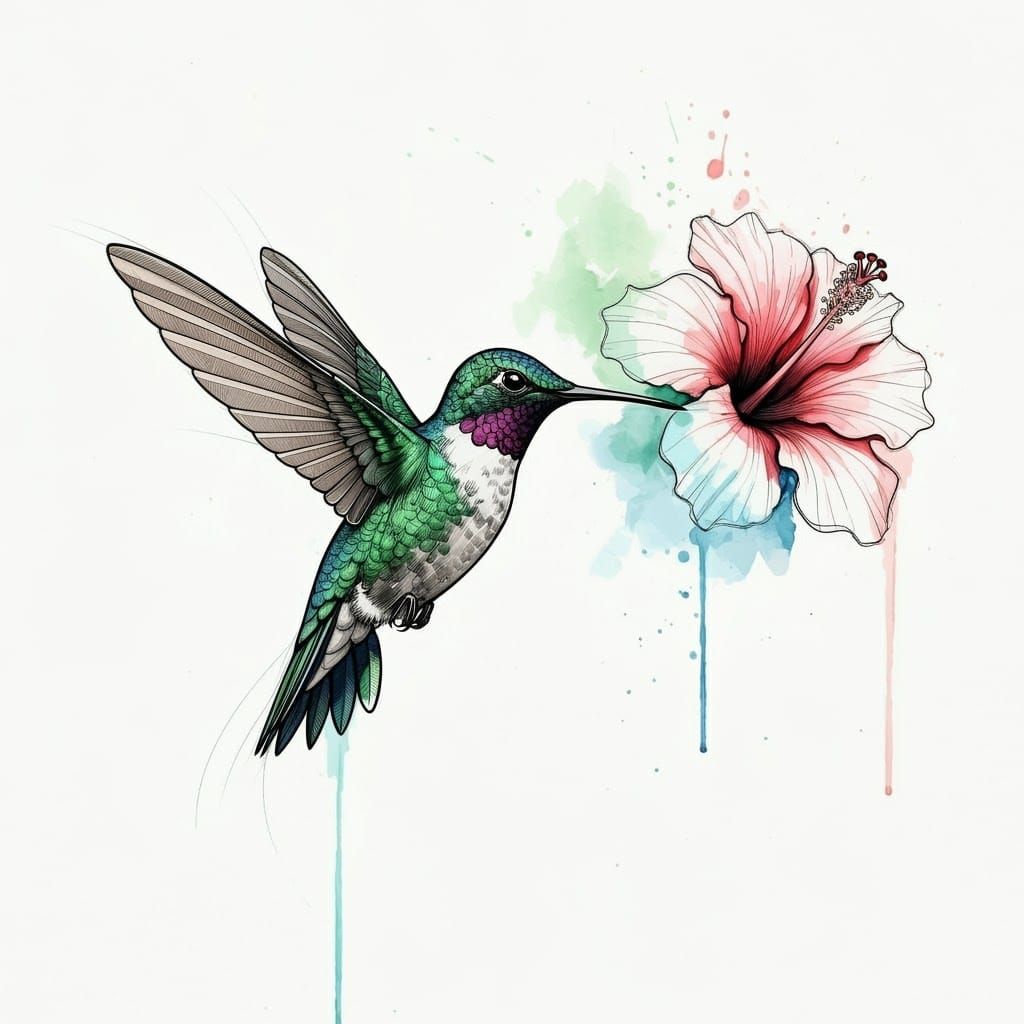 Hummingbird and Hibiscus Pen and Ink Illustration