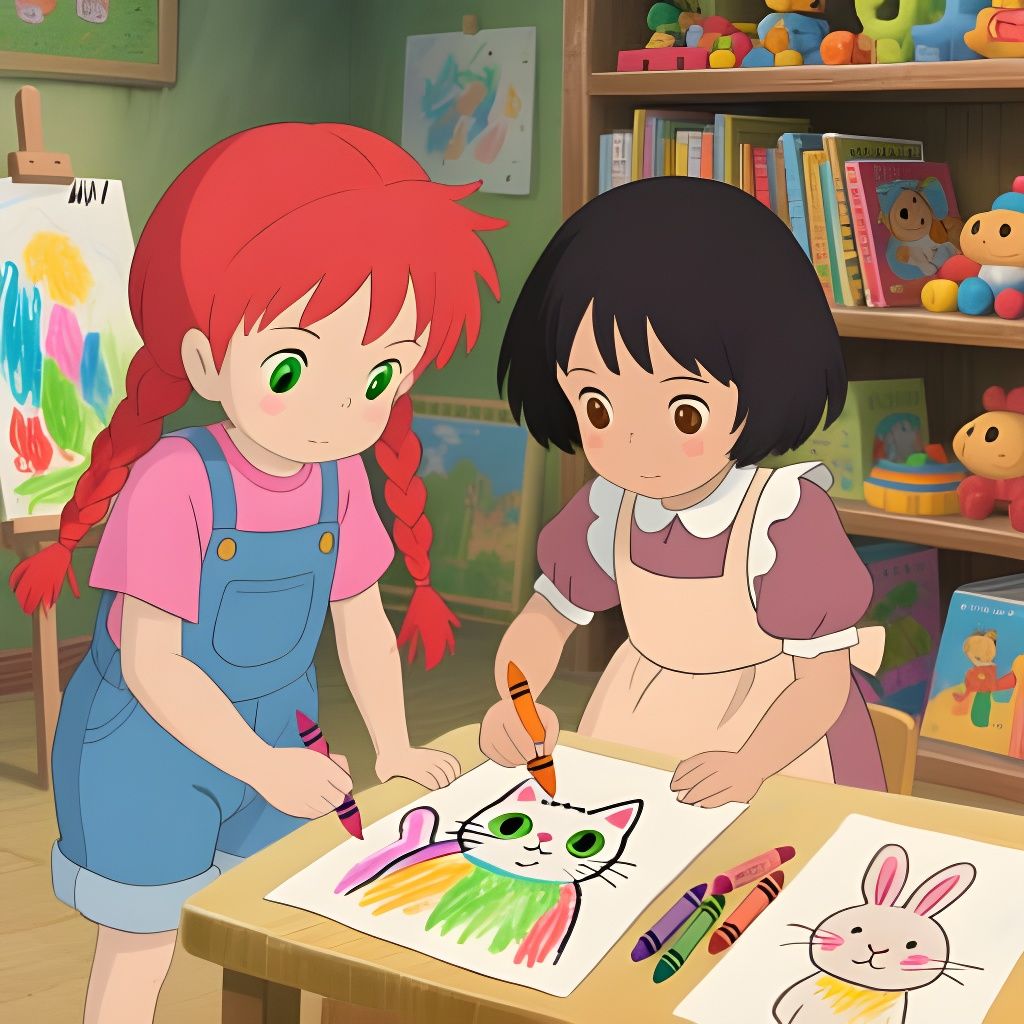 Two Girls Drawing Cats and Bunnies in Studio Ghibli Style
