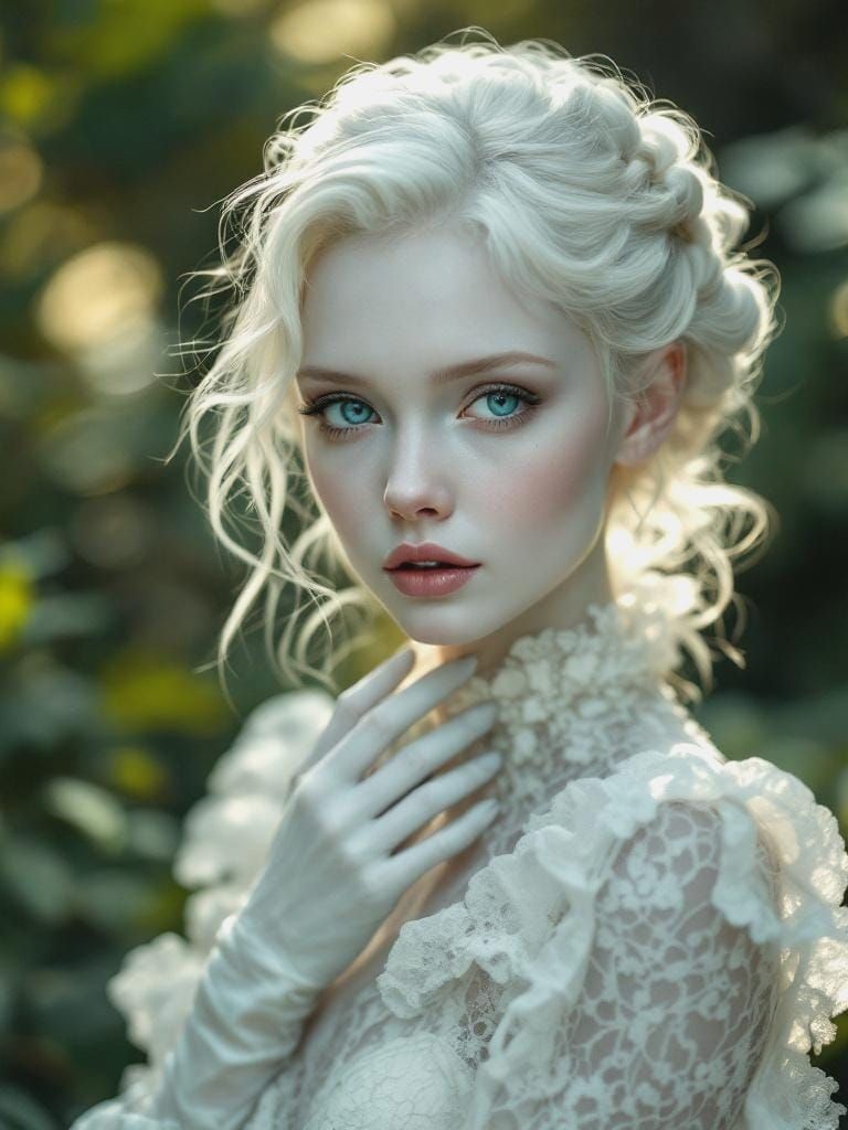 Albino Woman in Lace Dress: Fine Art Photography
