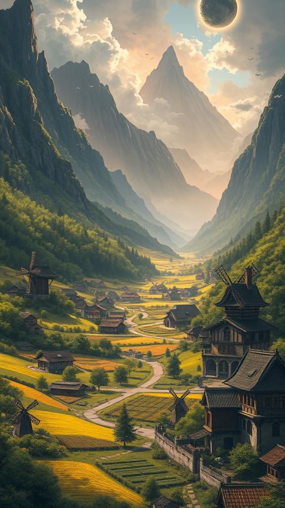 High Fantasy Village in Lush Valley Illustration