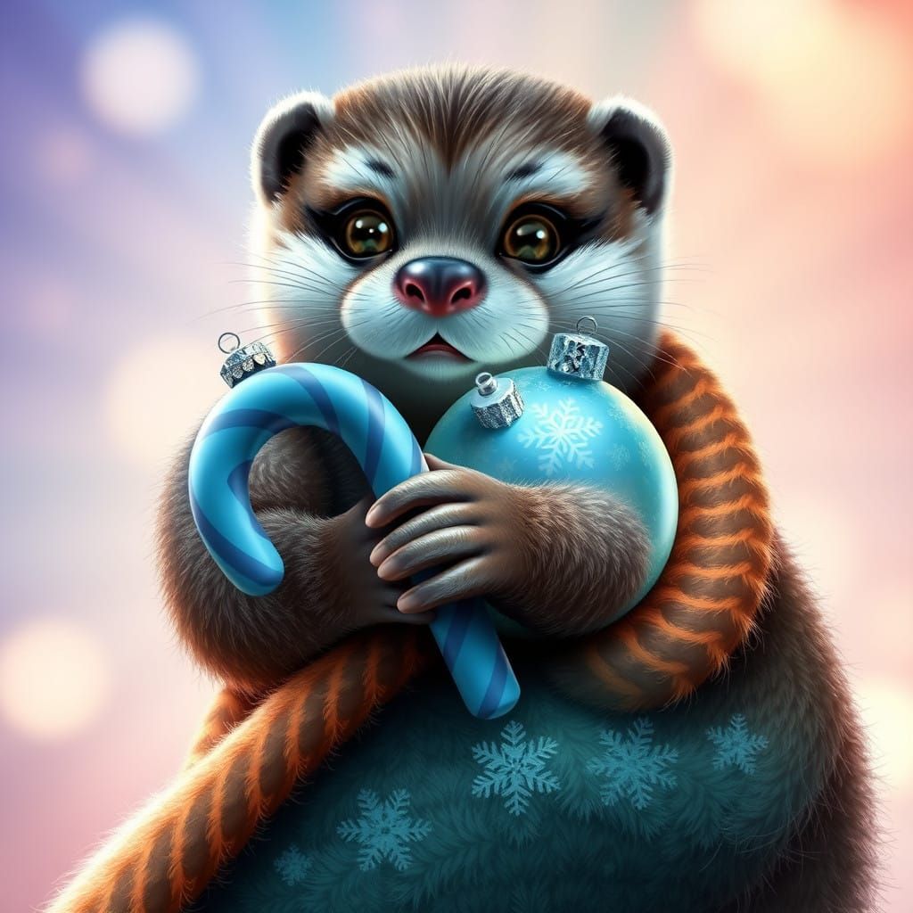 hyperrealism airbrushed oil painting illustration Whimsical. a cute adorable chibia baby otter, holding a modern multico...