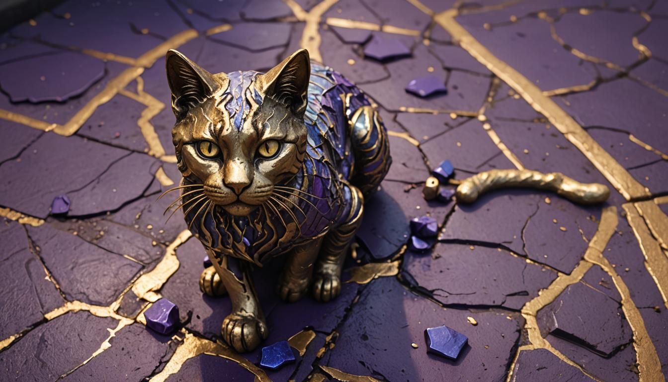 Cracked Cat Statue Leaking Purple Paint