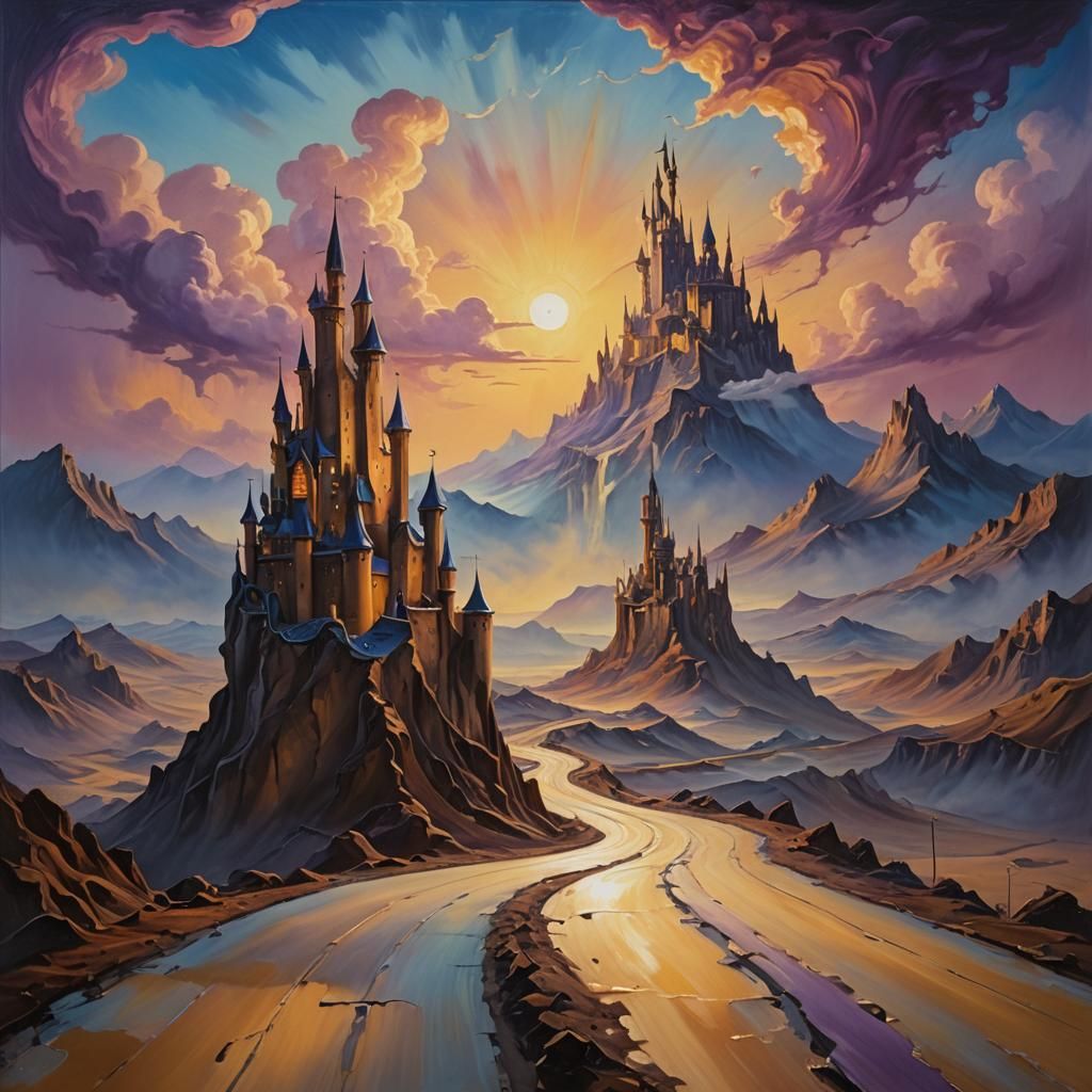 Surreal Steampunk Castle in Dreamlike Landscape