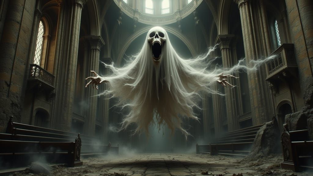 Eerie Ghostly Specter in Abandoned Gothic Cathedral