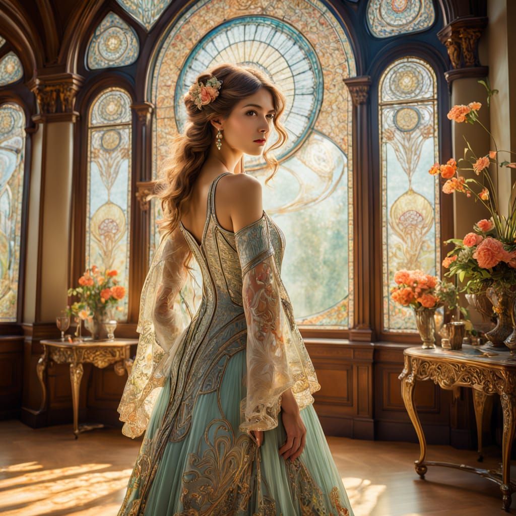 Elegant Woman in Sunlit Room with Art Nouveau Accents in Vib...