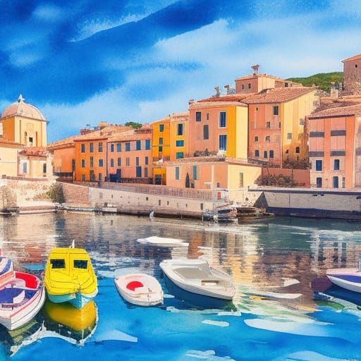 Sardinian Harbor Town in Gouache Watercolor Style