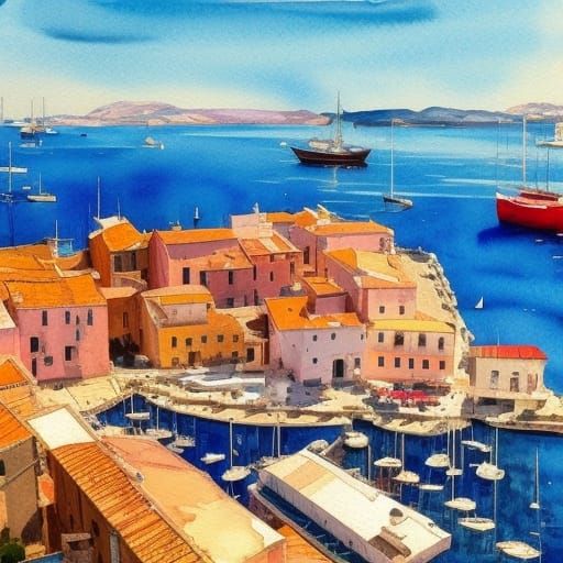Sardinian Harbor Town in Epic Impressionist Gouache