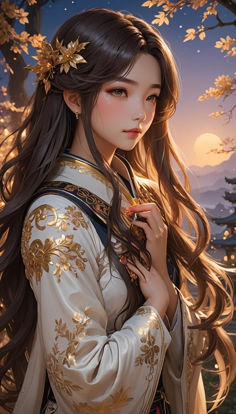 Anime Woman Tenderly Gazing in Moonlit Scene