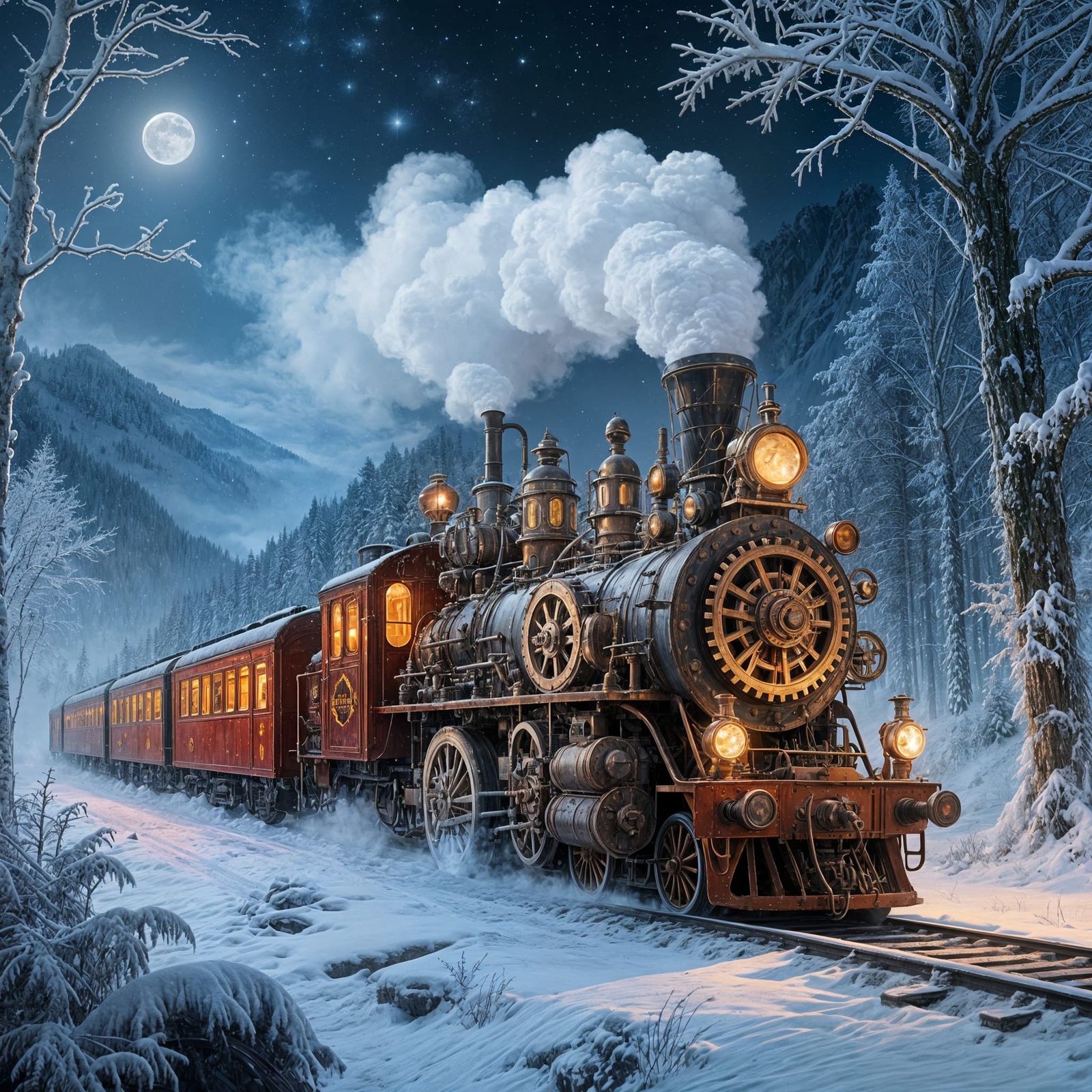 Steampunk Train in Snowy Mountain Forest
