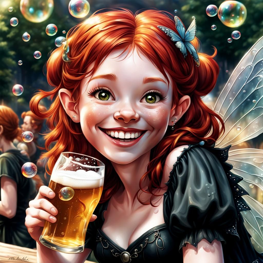 Happy Goth Fairy Enjoying a Beer