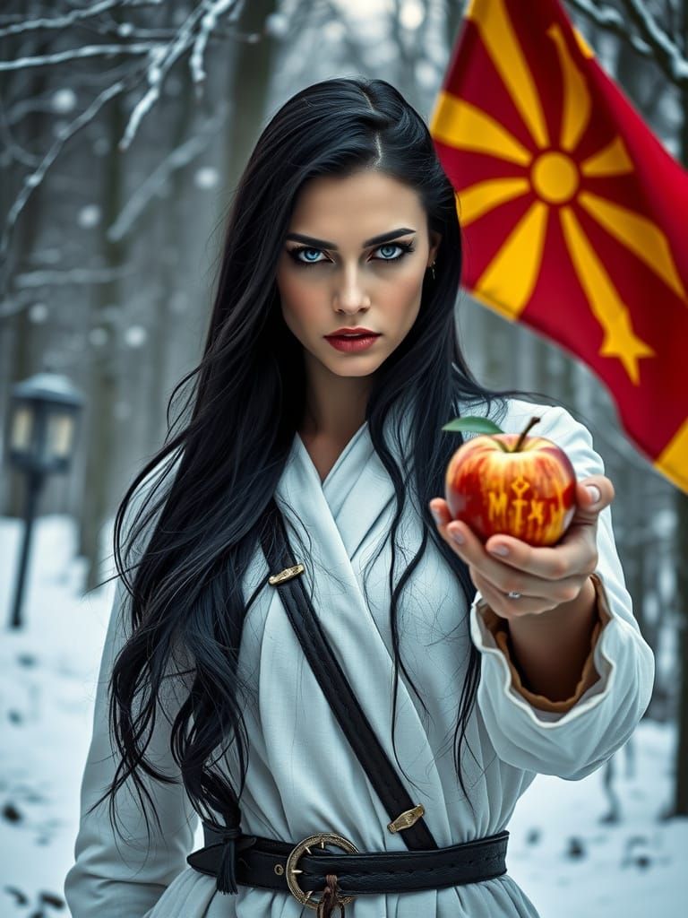 Scary Warrior Woman Waves Macedonian Flag, Offers Apple