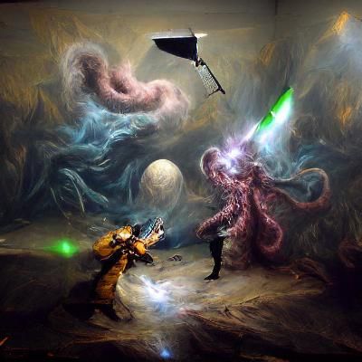 Eldritch Wizard Battle in Space: Hyperrealistic VRay Paintin...