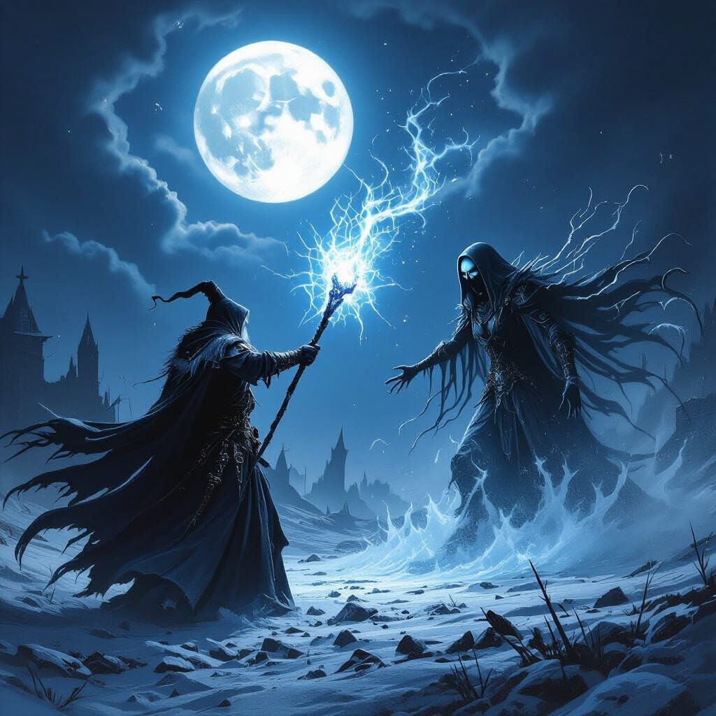 Mage Battles Banshee Under Moonlight in Dark Fantasy Style
