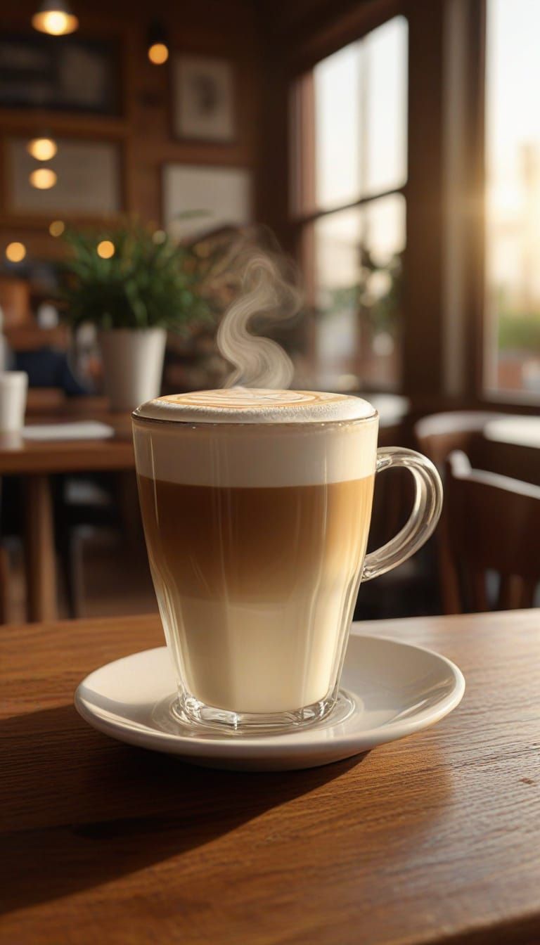 Steaming Latte Art in a Cozy Cafe at Golden Hour