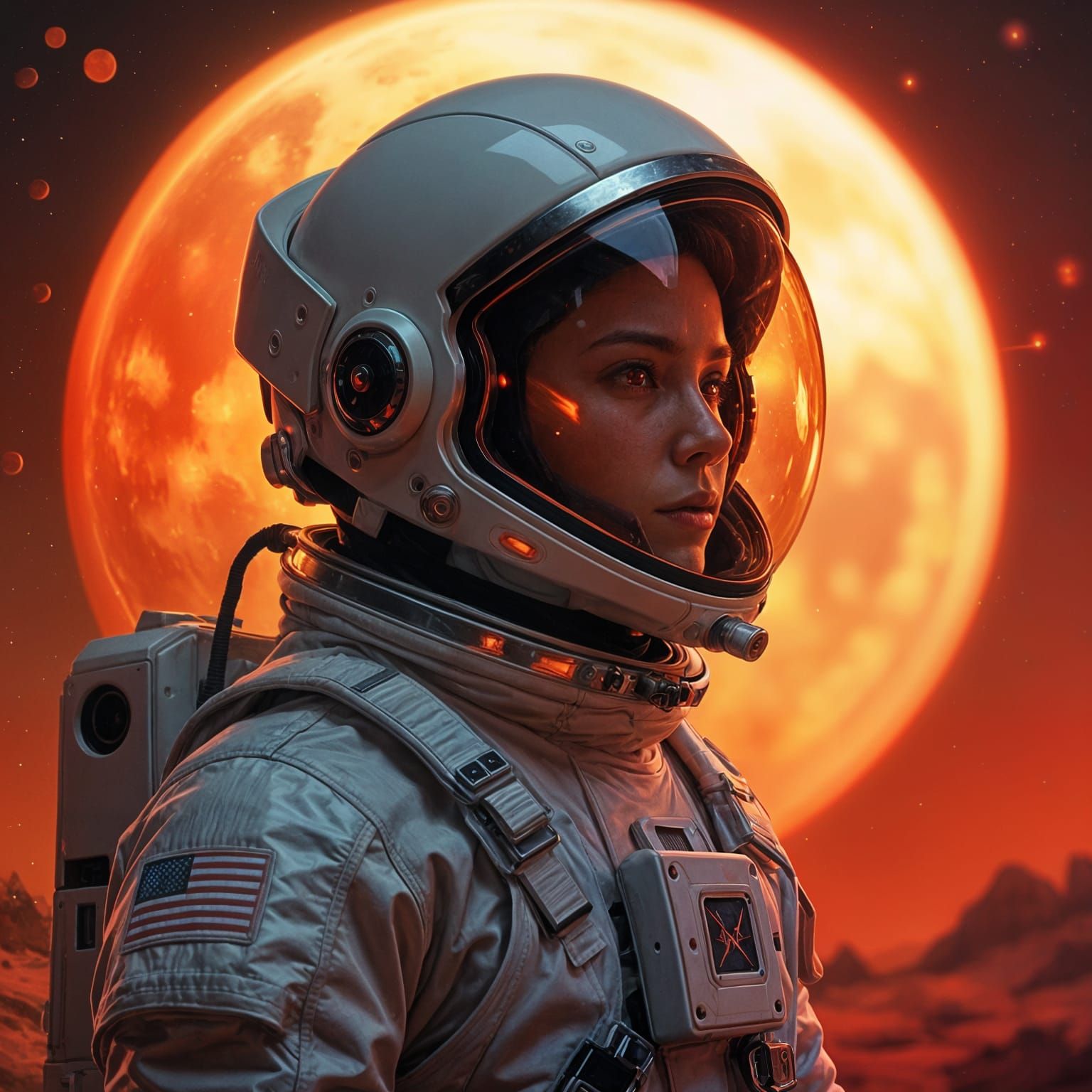 Astronaut Above Fiery Planet in Hyperrealistic Splash Art
