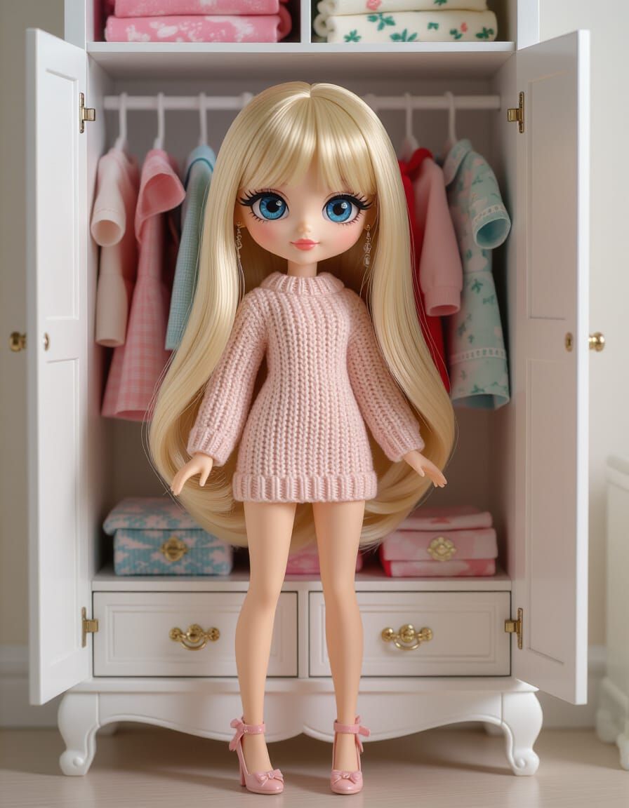 Anime Girl Doll in Dollhouse, 3D Render