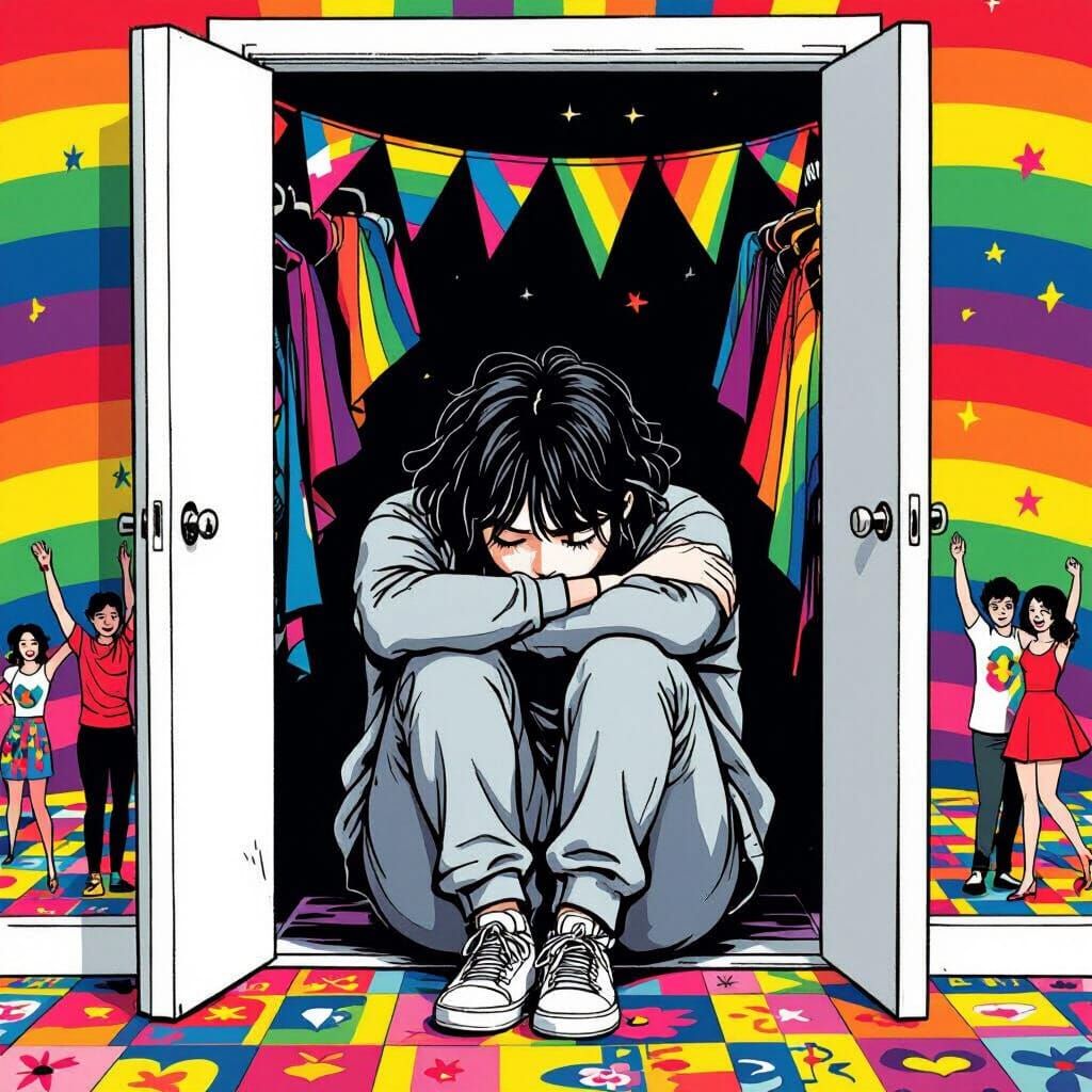 Person in Closet with Pride Flags, Murakami Style