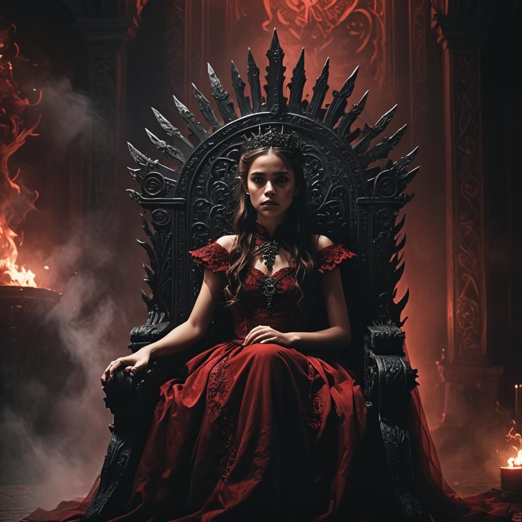 Dark Fantasy Girl on Throne with Red Glow