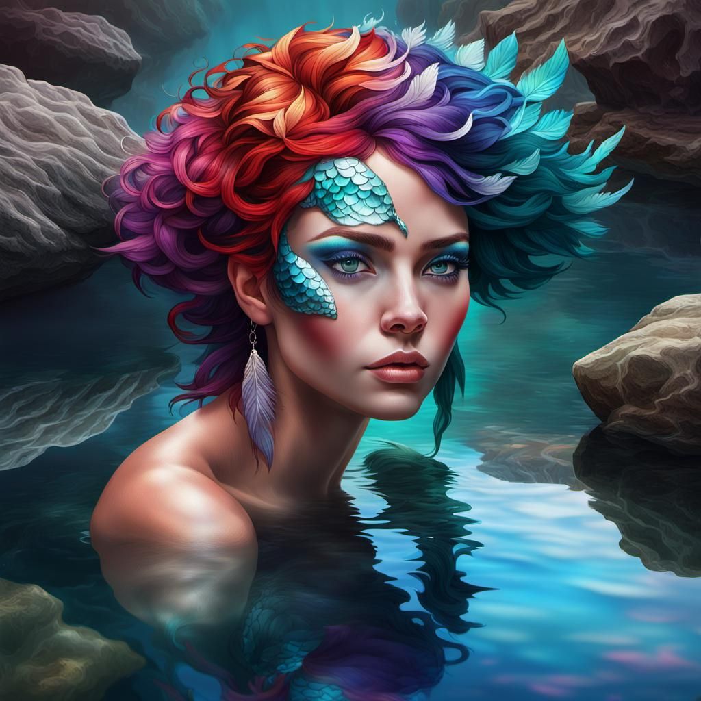 Mermaid with Feathered Hair in Mirrored Water