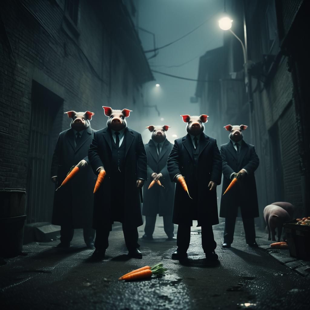 Pig Mafia Gangsters in Dimly Lit Alleyway