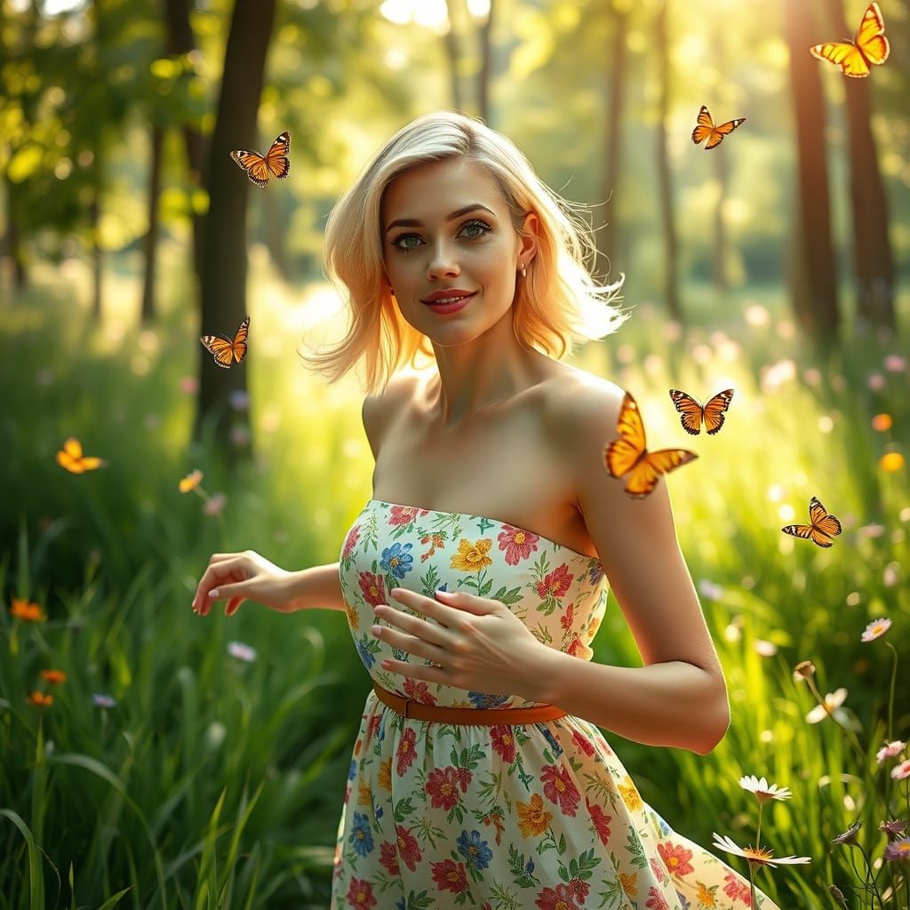 Joyful Woman Dancing in Forest, Photorealistic Style