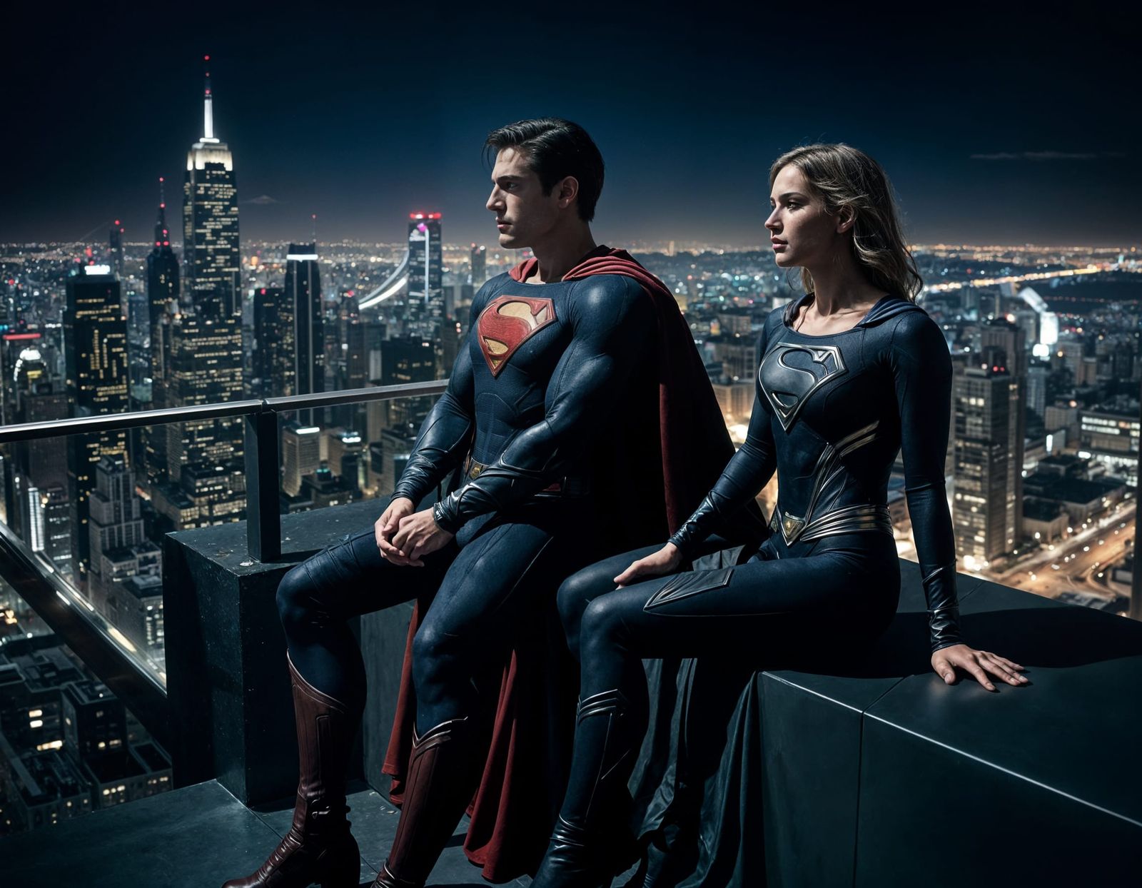 Superman and Super Girl in Dark Steel Blue Suits, Cityscape...