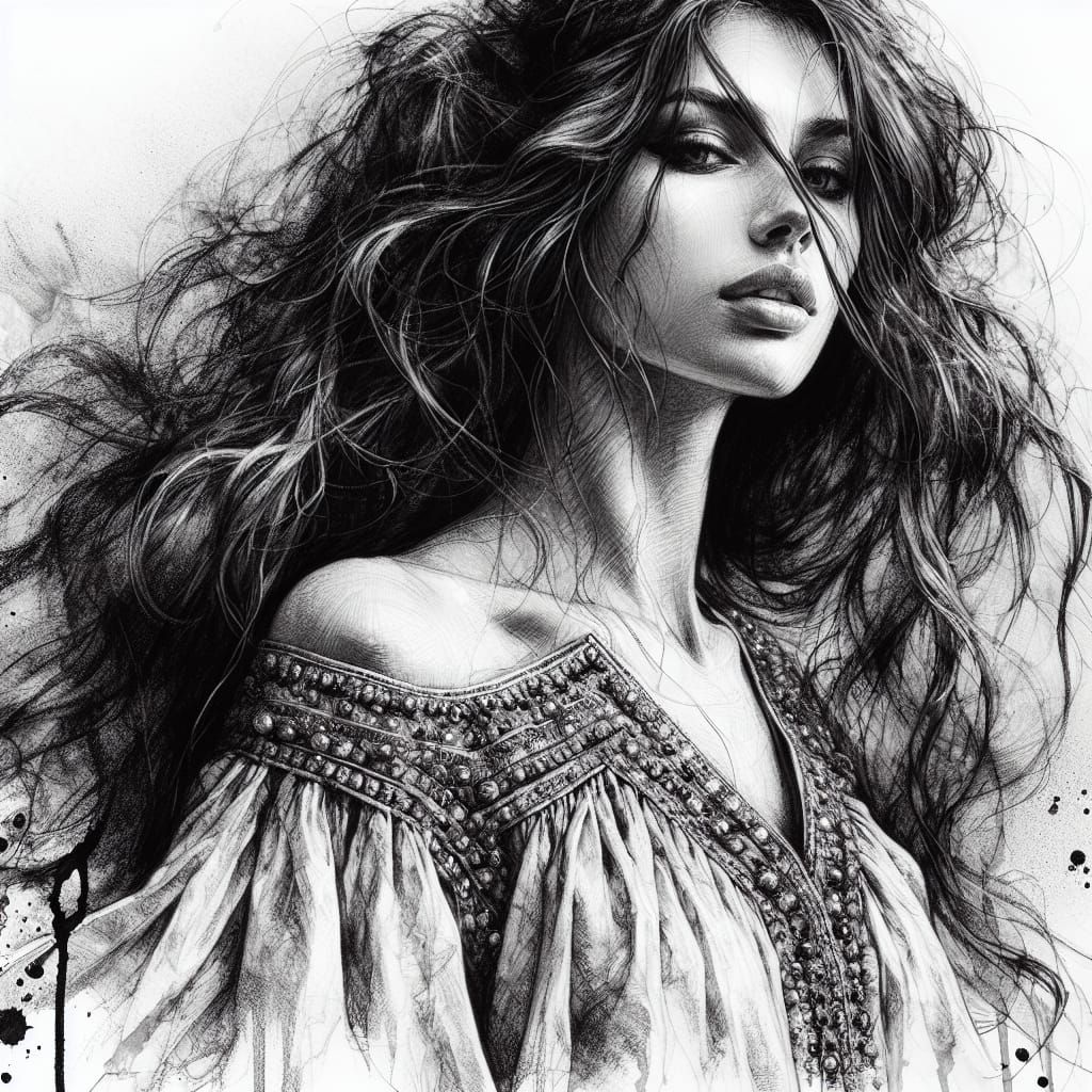 Realistic Middle Eastern Woman in Charcoal and Ink Style