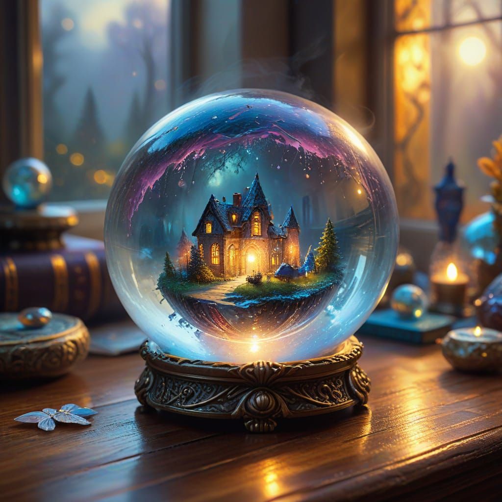 Enchanted Crystal Ball on Misty Table as Oil Painting