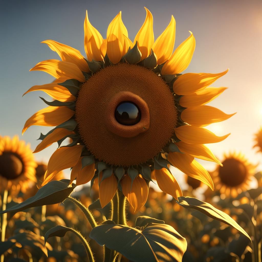 Smiling 3D Sunflower Character in Golden Field