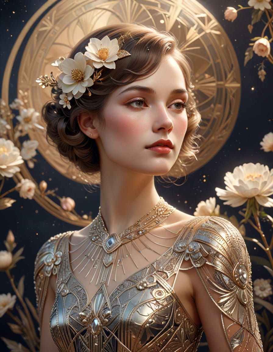 Art Deco Woman Portrait with Flowers and Moon