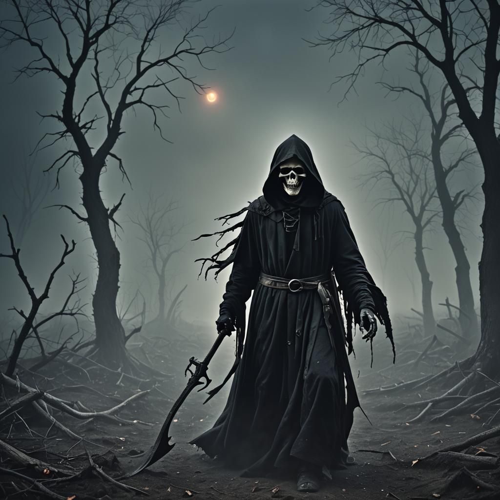 Grim Reaper Portrait in Dark Surrealism Style