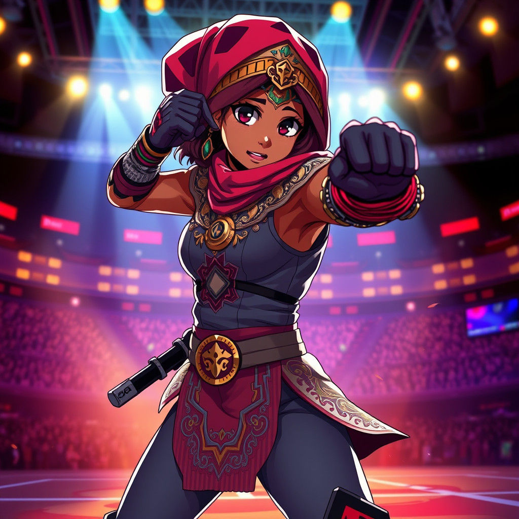 Dynamic Somali Girl Warrior in Anime Fighting Tournament