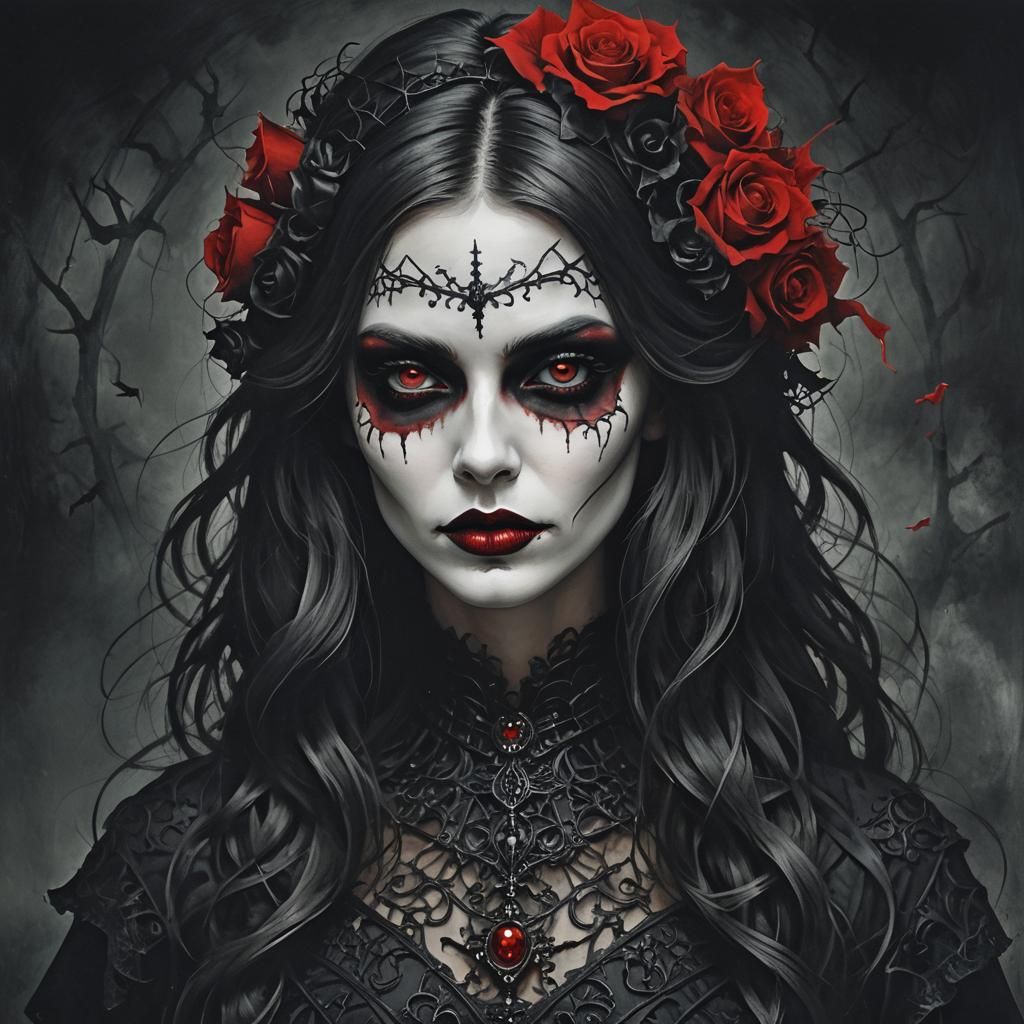 Gothic Woman in Halloween Room: Dark Art Portrait