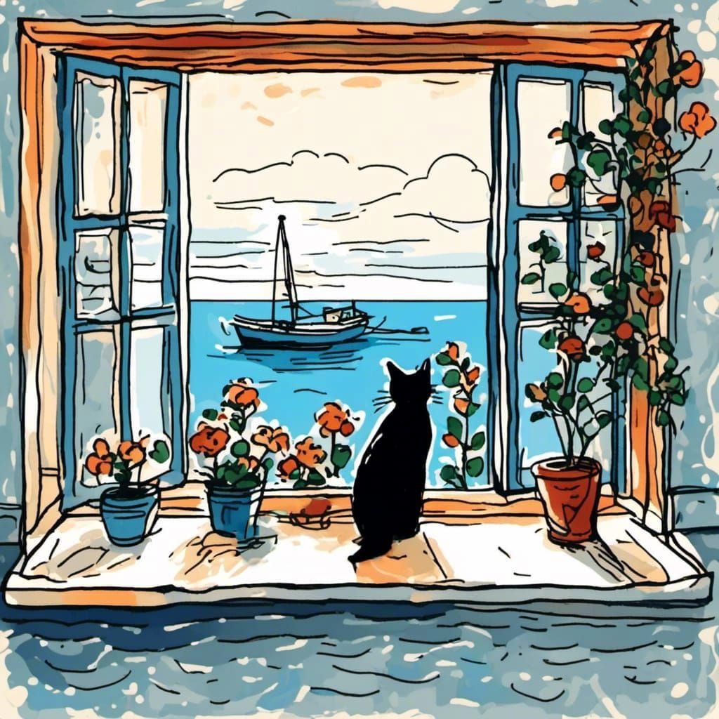 Stick Figure Cat Watches Boats in Rhodes