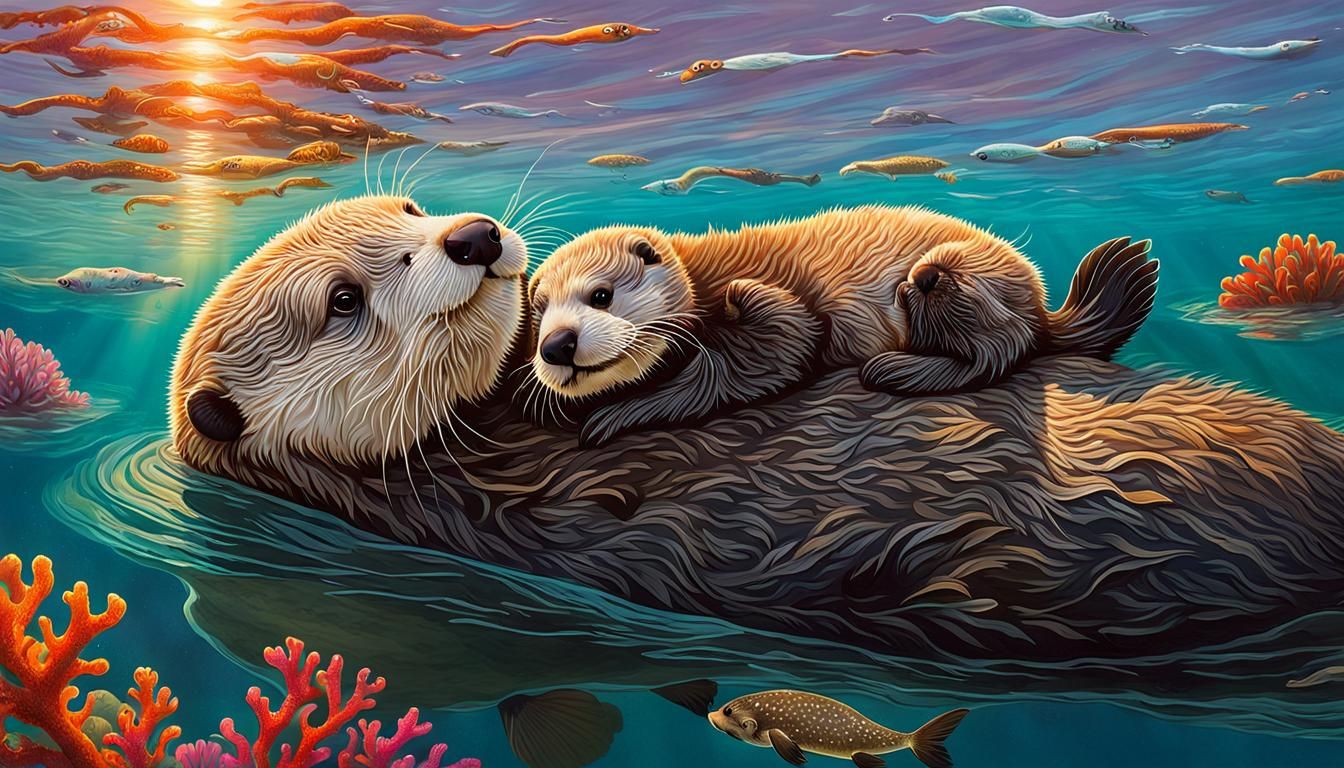 Sea Otter Mum and Baby in Watercolor Style