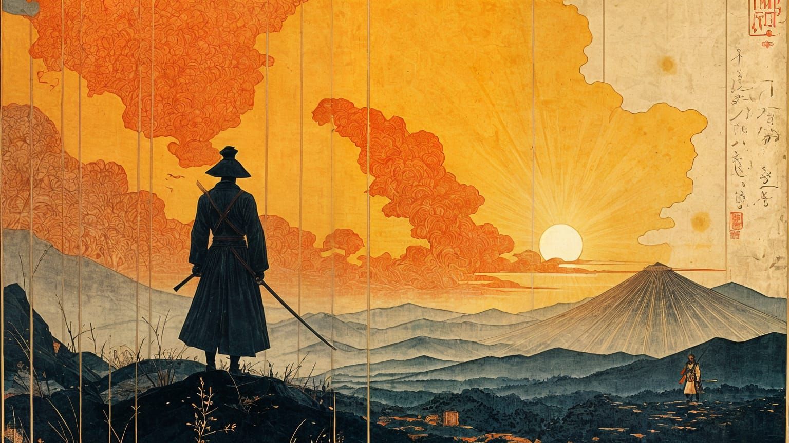 Samurai Silhouette at Sunset in Woodblock Print Style