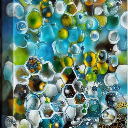 Hexagon ice cubes pearls pyrite crushed dotted frozen flowin...