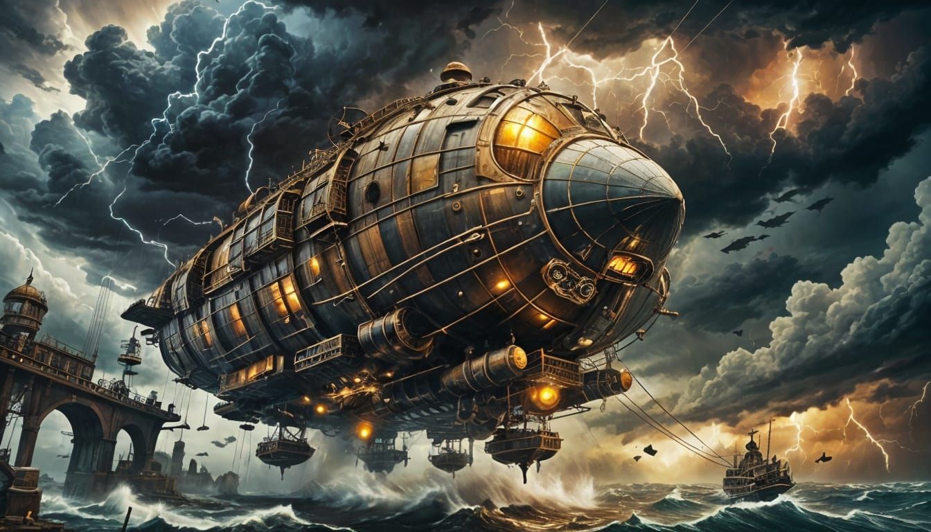 Steampunk Airship Amidst Cosmic Thunderstorm
