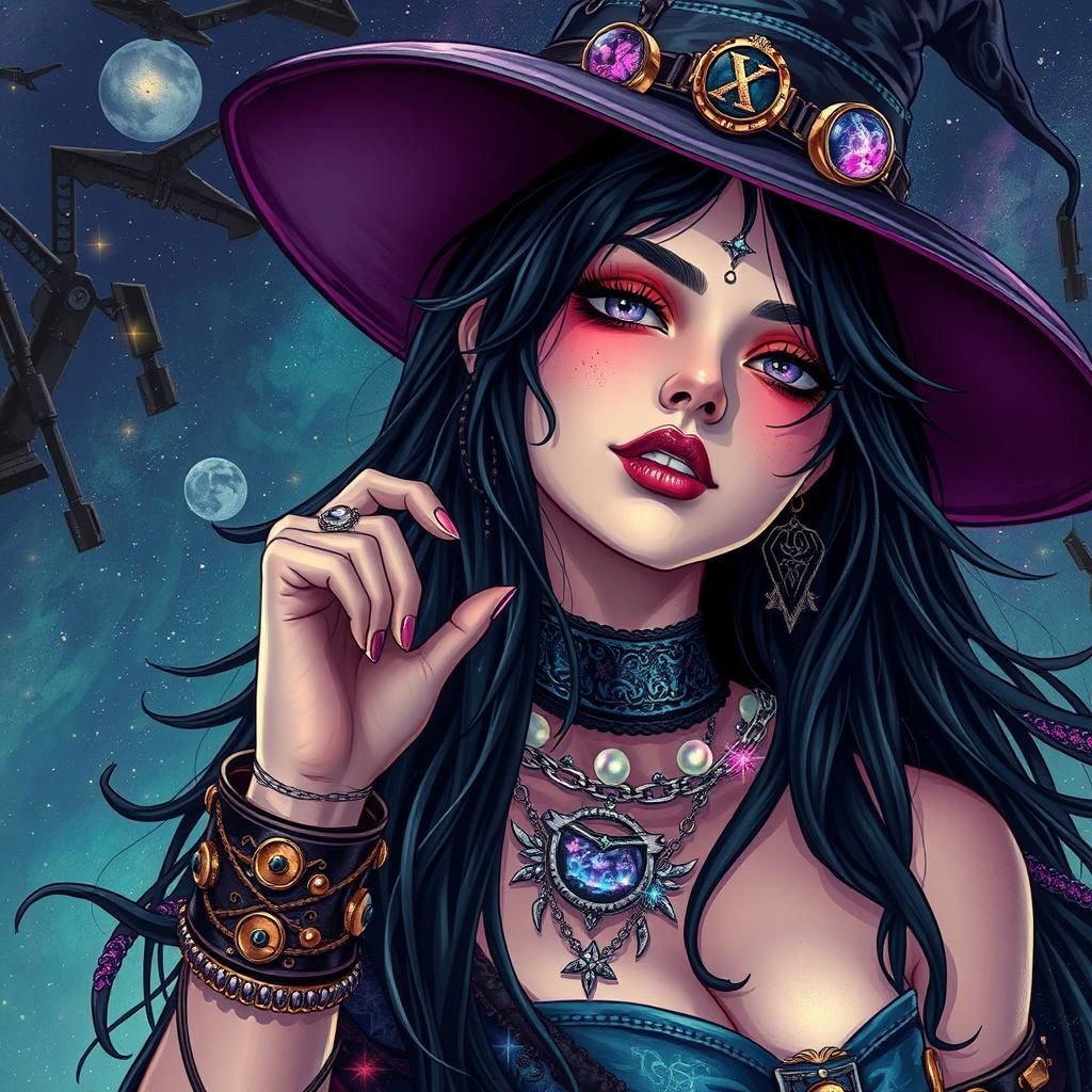Steampunk Witch: Holographic Astral Cosmic Illustration