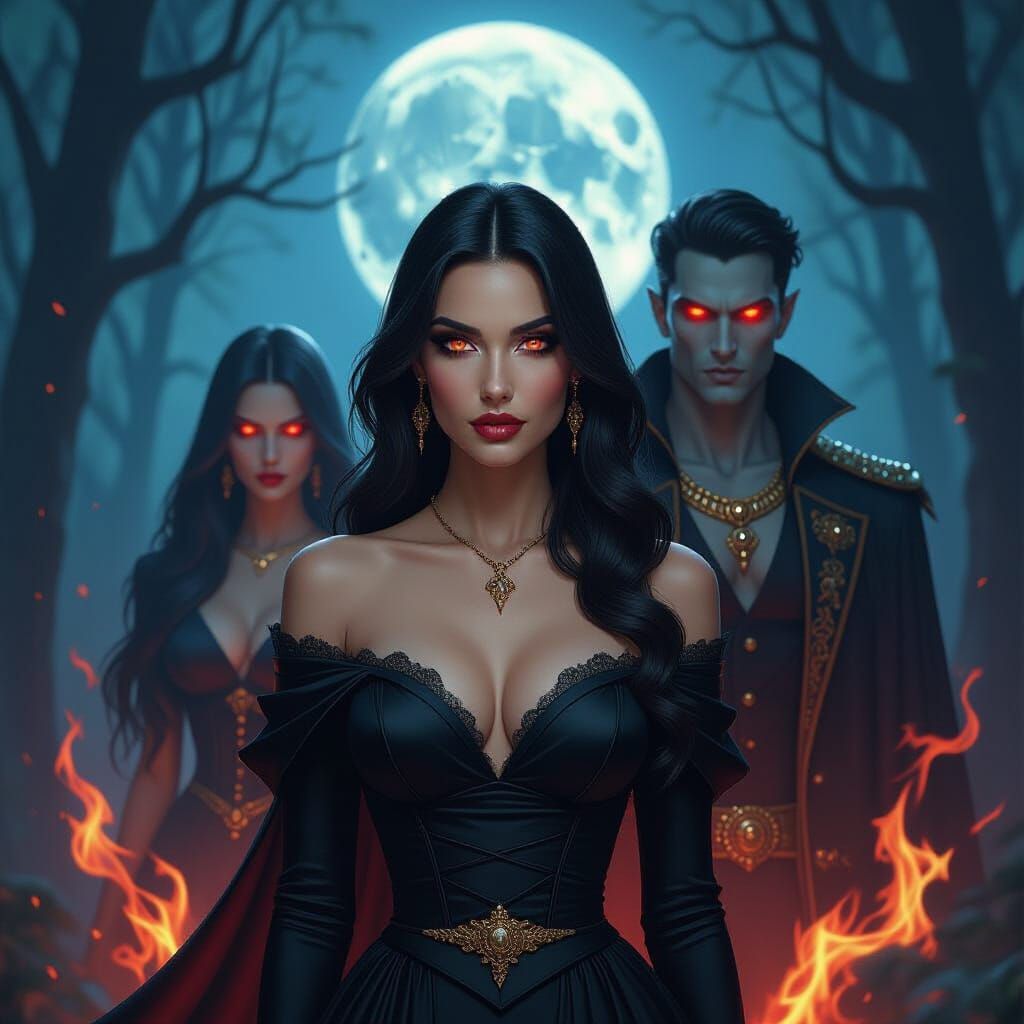 Fantasy Trio in Moonlit Forest, Cinematic Style