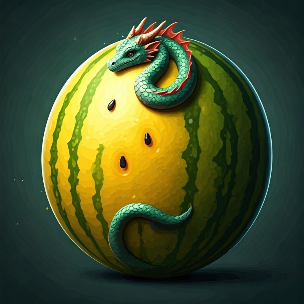 Dragon and Watermelon Fusion in Folk-Art Style