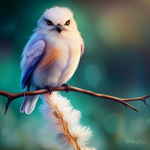 Cute Blue Bird with Fractal Flowers in Pixel Art