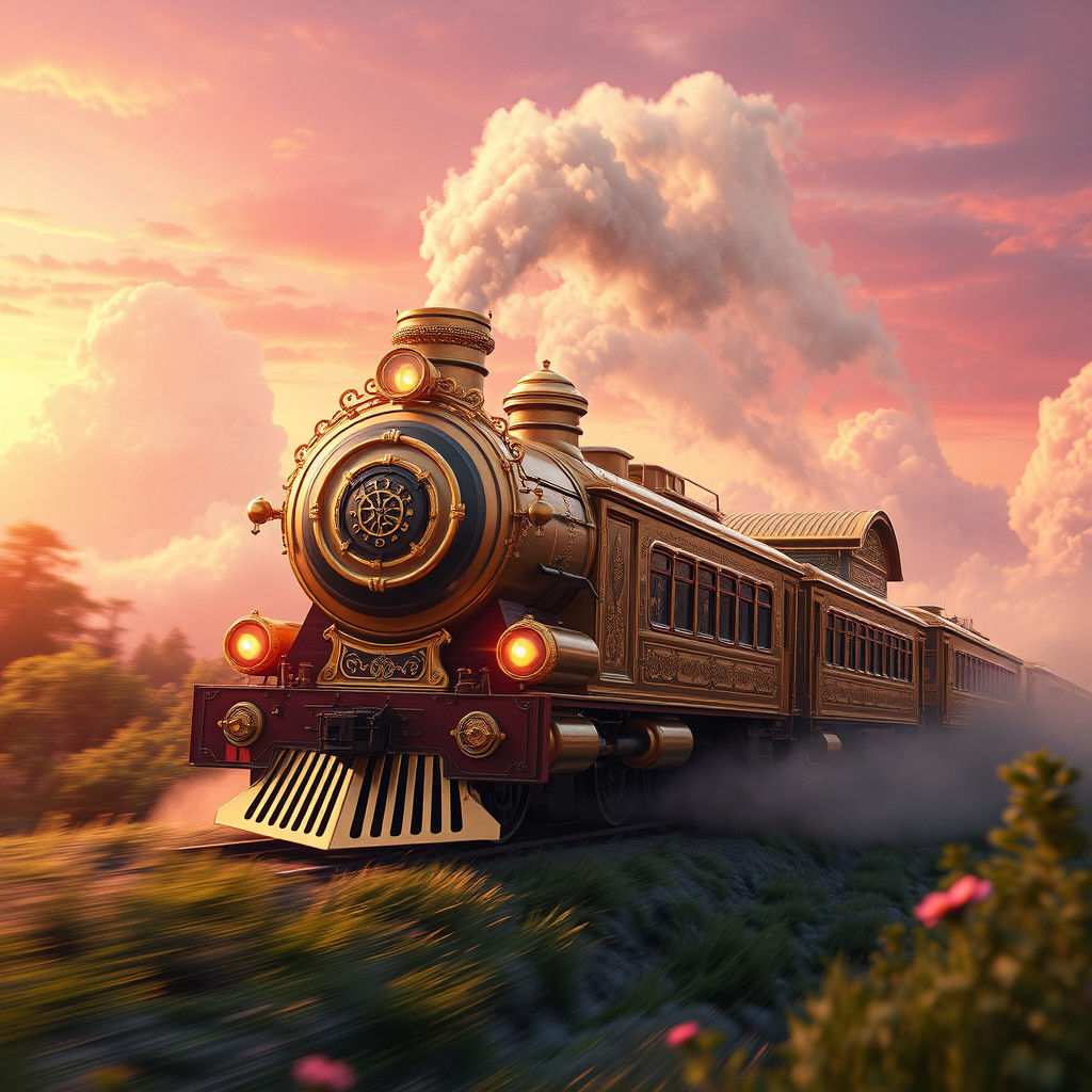 Golden Train Speeding Through Mystical Realm