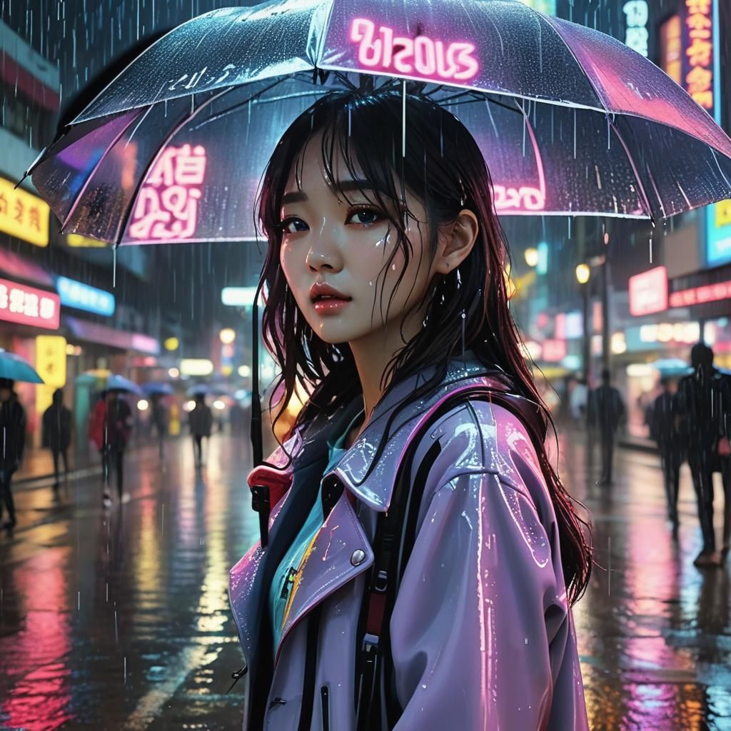 K-Pop Star Reflects in Neon City Rain