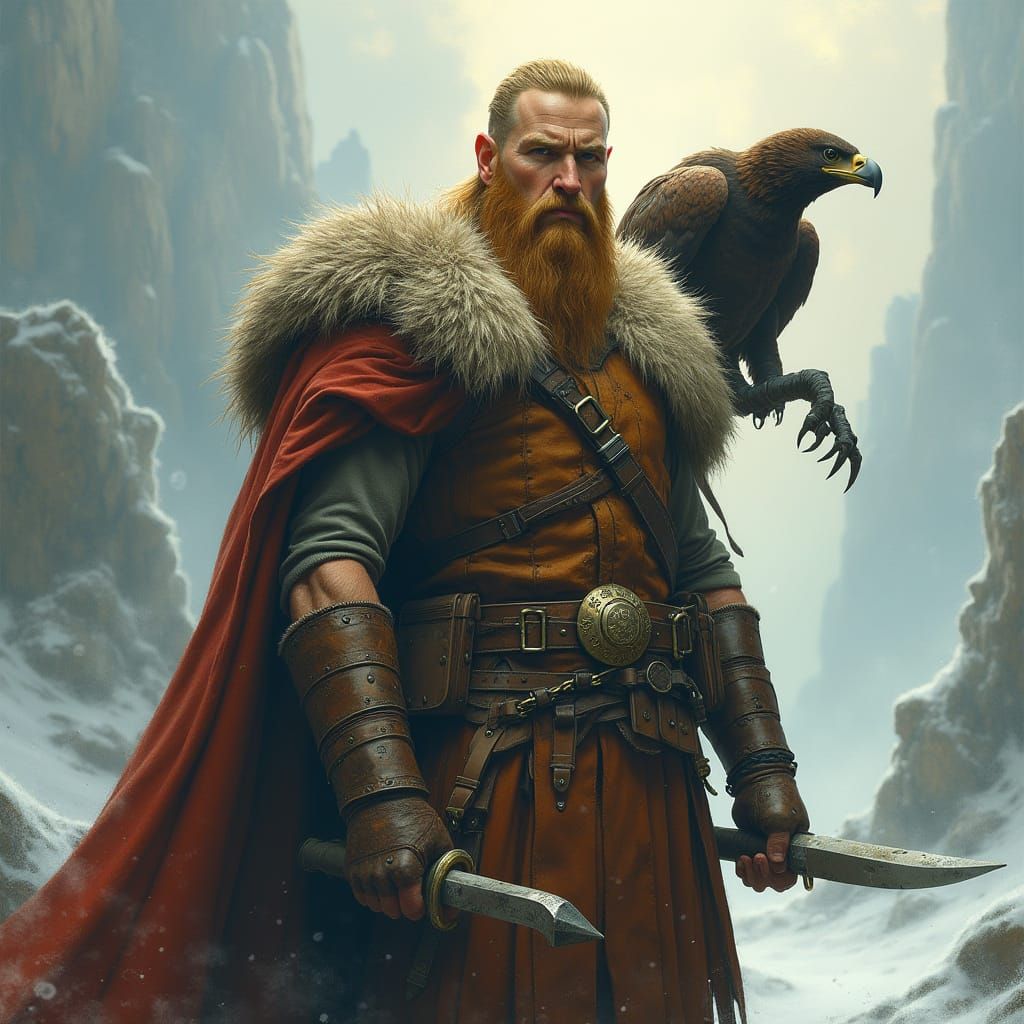 Heroic Viking Warrior with Eagle in Nordic Landscape