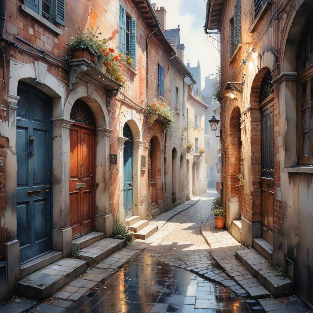 Moonlit Cobblestone Alley in Old European Town